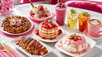 Pink Waffle premium malzemeler ve taze çilek sunumu